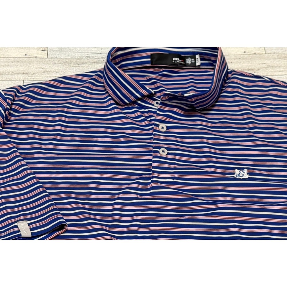 RLX Ralph Lauren Mens XXL Blue Red Striped Short Sleeve Golf Polo Shirt Logo
